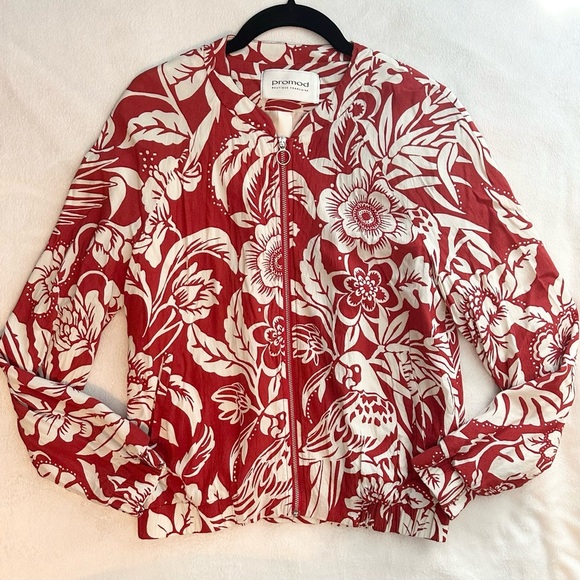 Promod Red Tropical Print Full Zip Casual Jacket S bird floral lightweight ivory - Picture 2 of 5